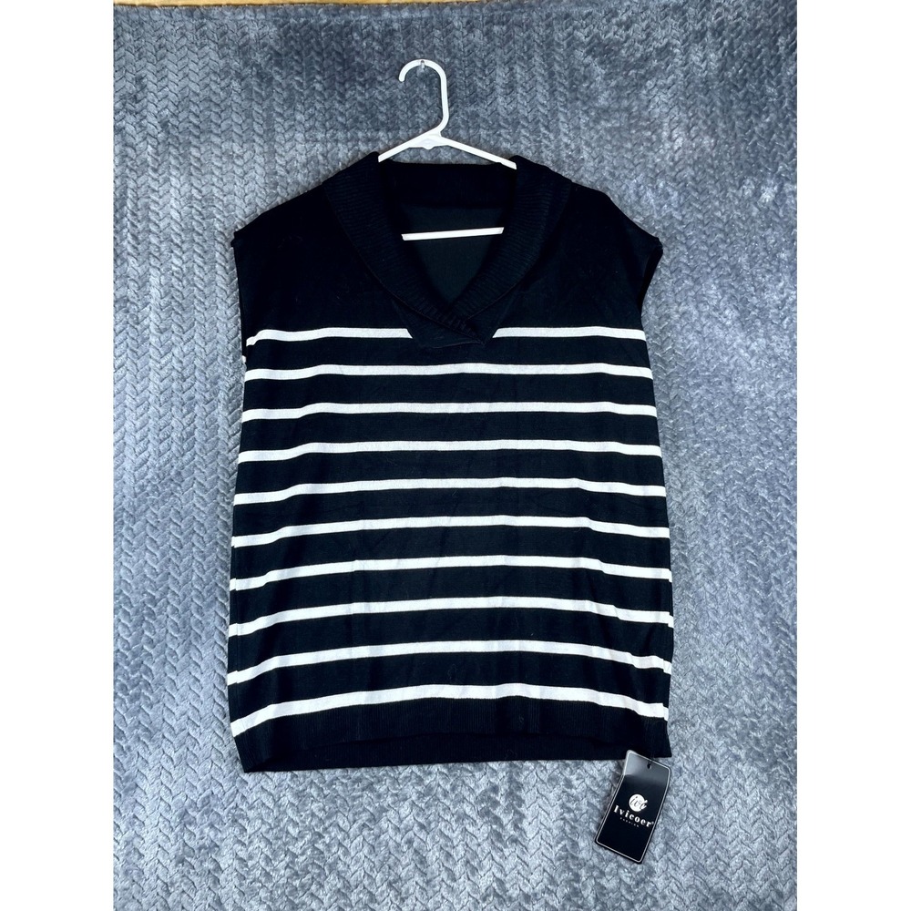 Ivicoer Knit Sweater Vest Womens Small Black White Striped Viscose Casual V-Neck
